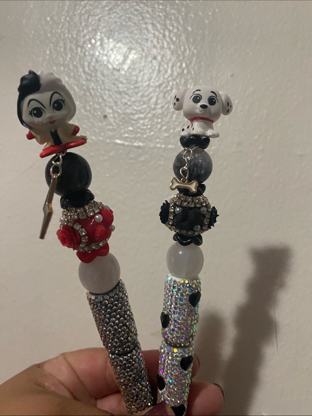 Handmade Decorative Beaded Pens with Character Toppers - Black, White, Red